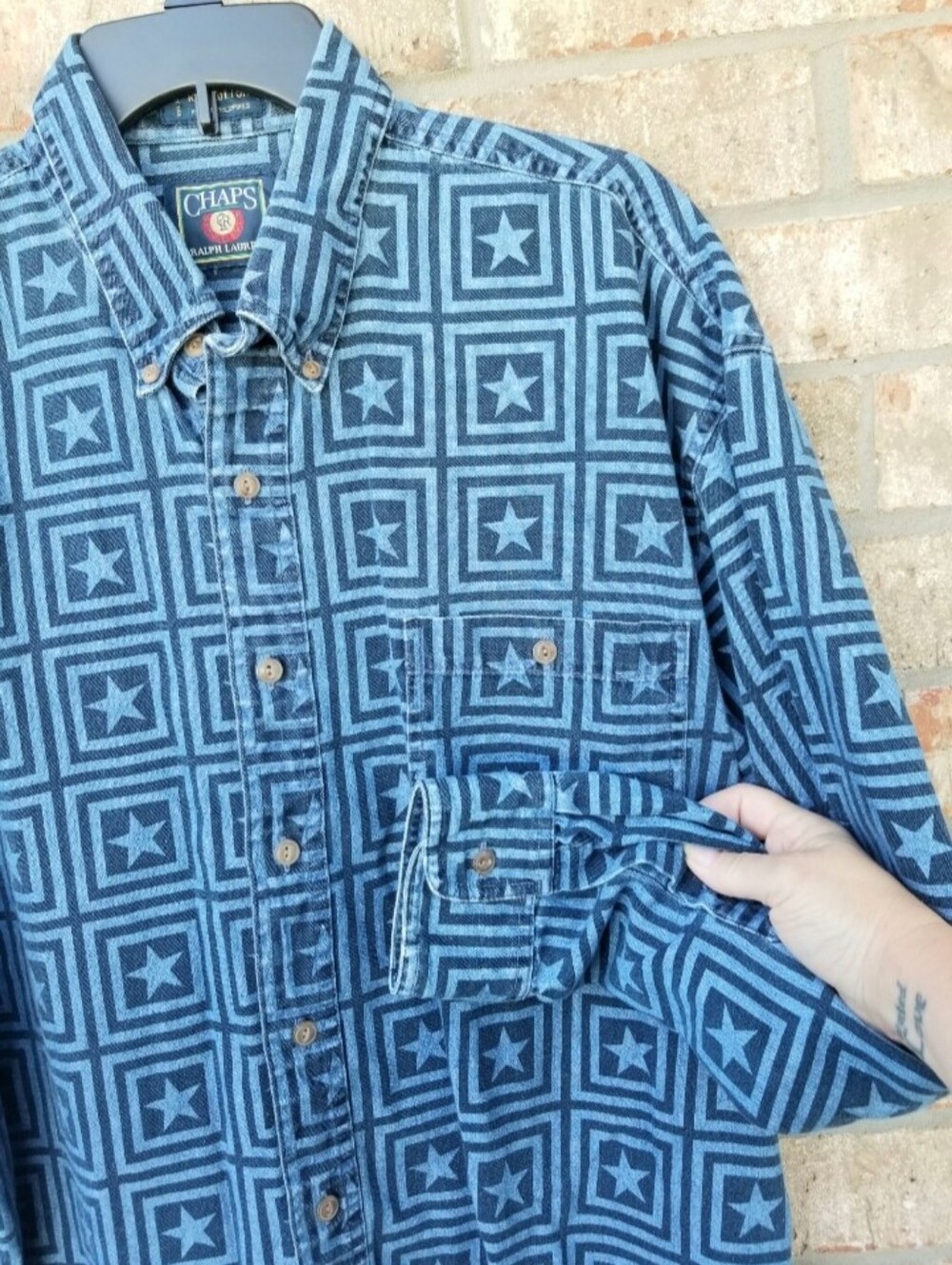 90s Chaps Ralph Lauren Shirt (Mens XL) Vintage Blue Denim Star ButtonUp Shirt